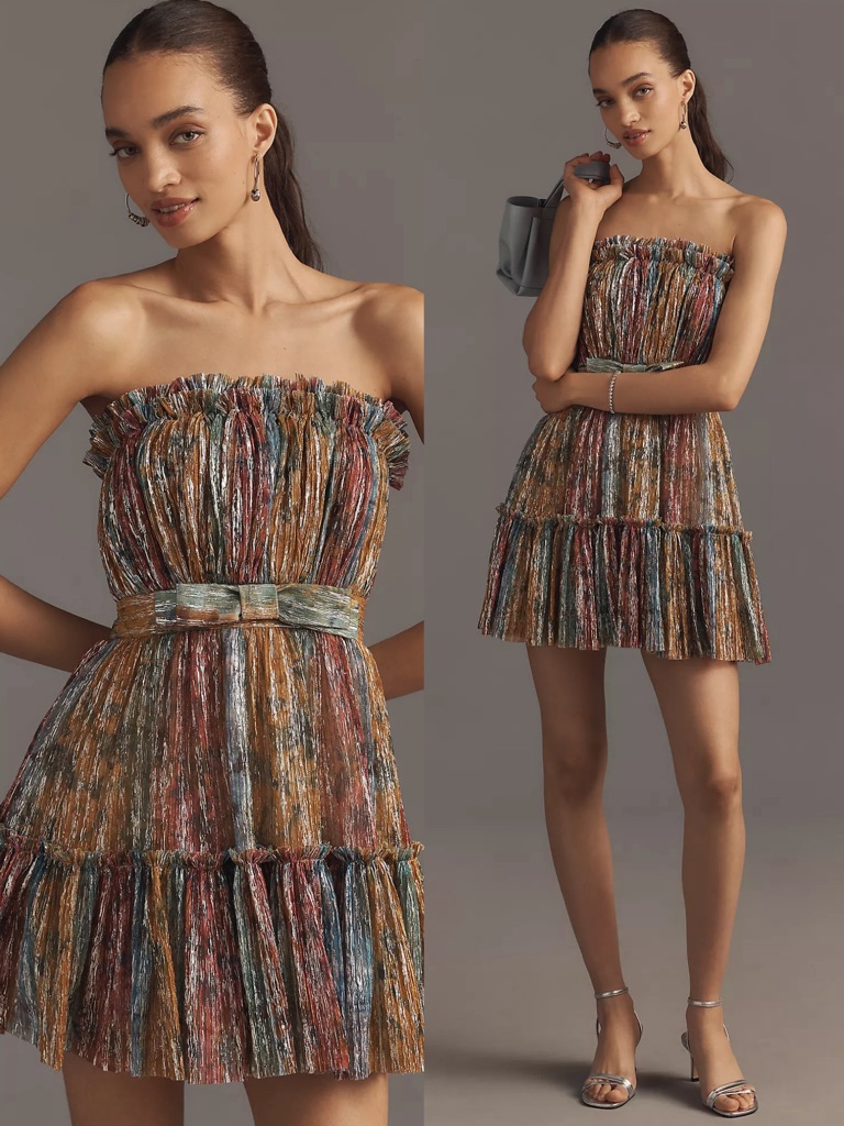 Nwt Dress The Population Petra Strapless Pleated Amber Multi Metallic Mini Dress